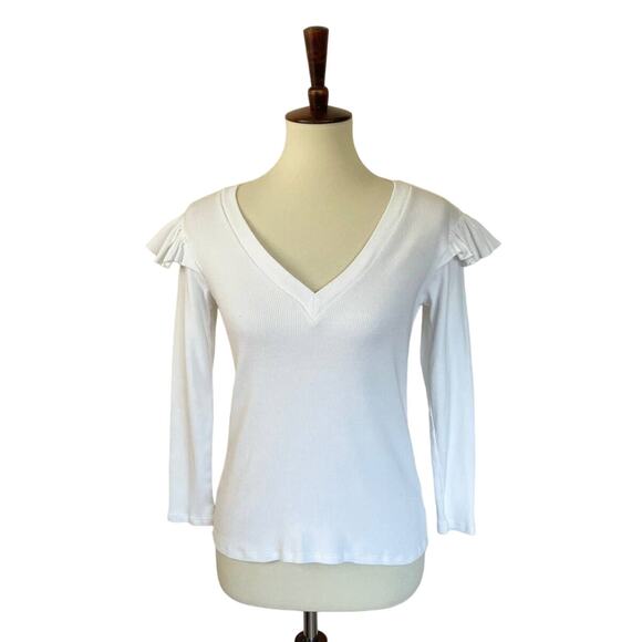 Veronica Beard Selene Ribbed Ruffle Shoulder Top - Picture 1 of 4